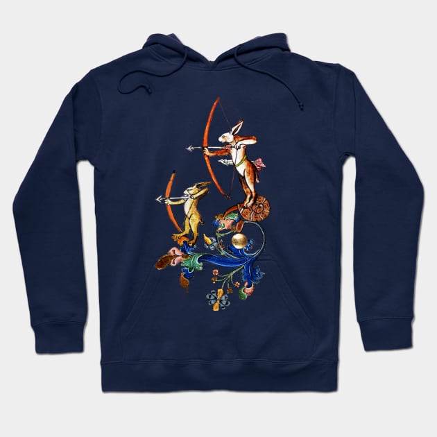 WEIRD MEDIEVAL BESTIARY, ARCHER RABBITS ON FLORAL SWIRLS Hoodie by BulganLumini